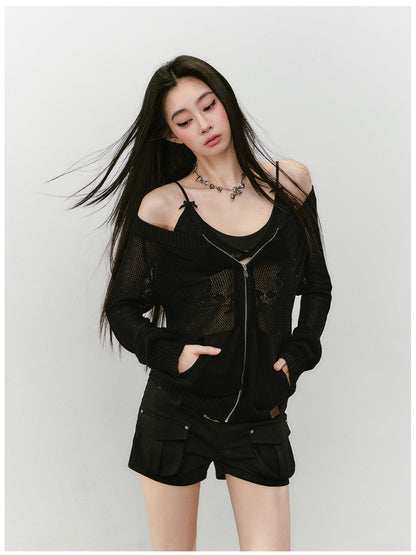 Knitted Floral Convertible Hollow-out Coat - CHINASQUAD