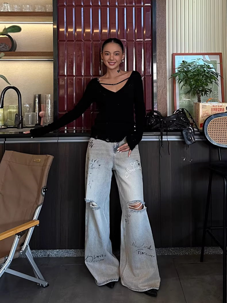 Graffiti Spray-Wash Wide-Leg Denim Jeans