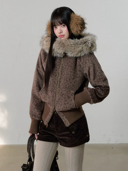 Vintage Leopard Print Faux Fur Hooded Jacket