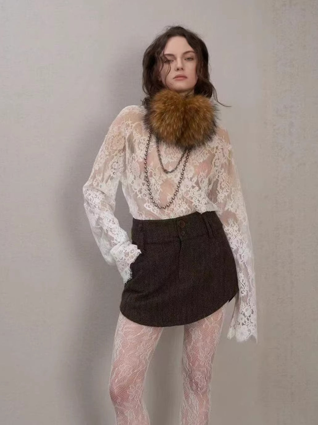 Layered Ribbed Lace-Trim Crewneck T-Shirt