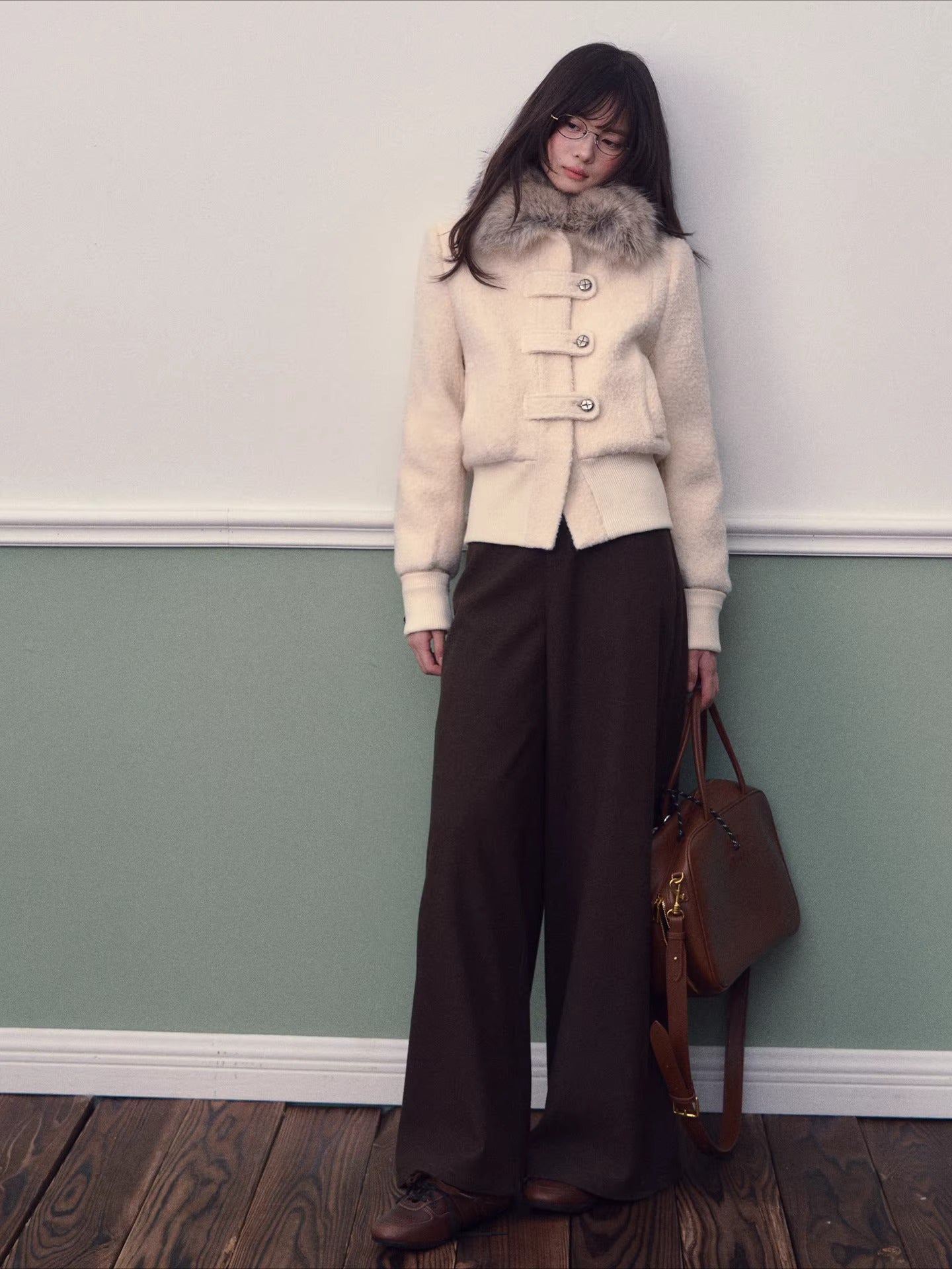 Wool-Blend Fur-Collar Short Down Jacket