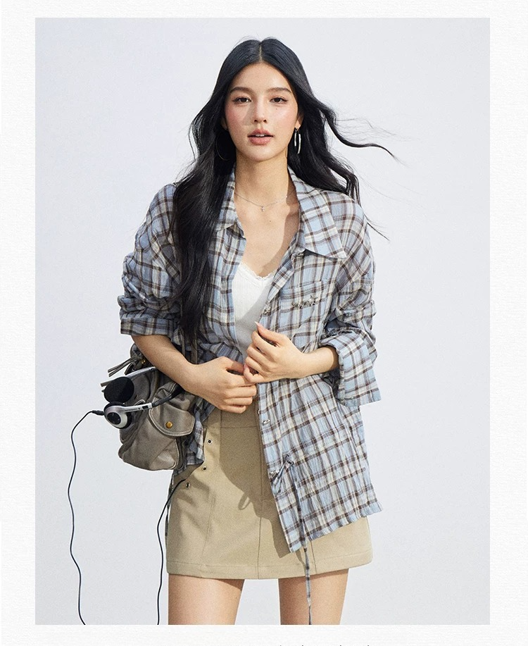Vintage Plaid Drawstring Shirt