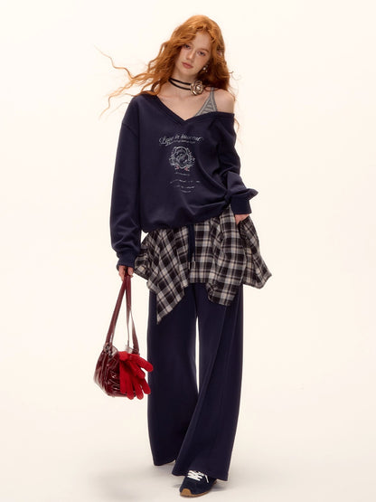 Asymmetric Shoulder Striped Fleece Tracksuit Set