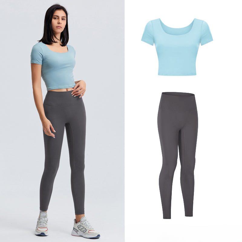 Square-neck Padded Yoga Fitness Top &amp; Seamless Yoga Pants Set