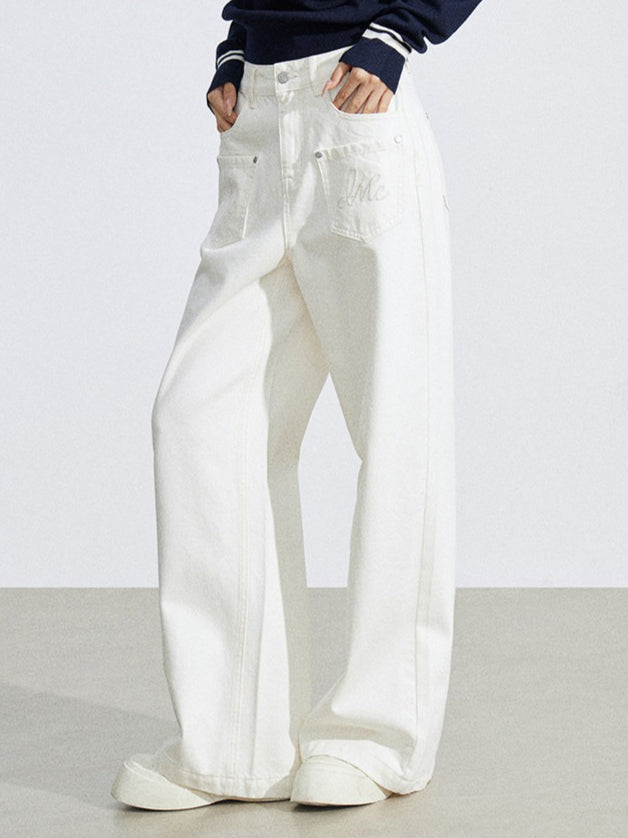 Embroidered Pocket Wide-Leg Denim Jeans