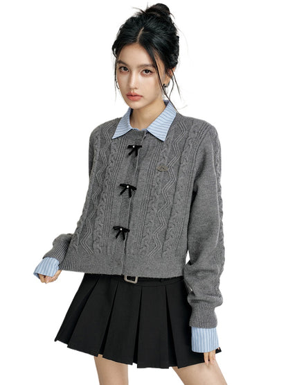 Bowknot Cable-Knit Round Neck Sweater