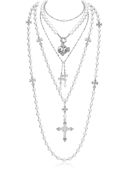 Layered Punk Heart Pearl Cross Long Necklace