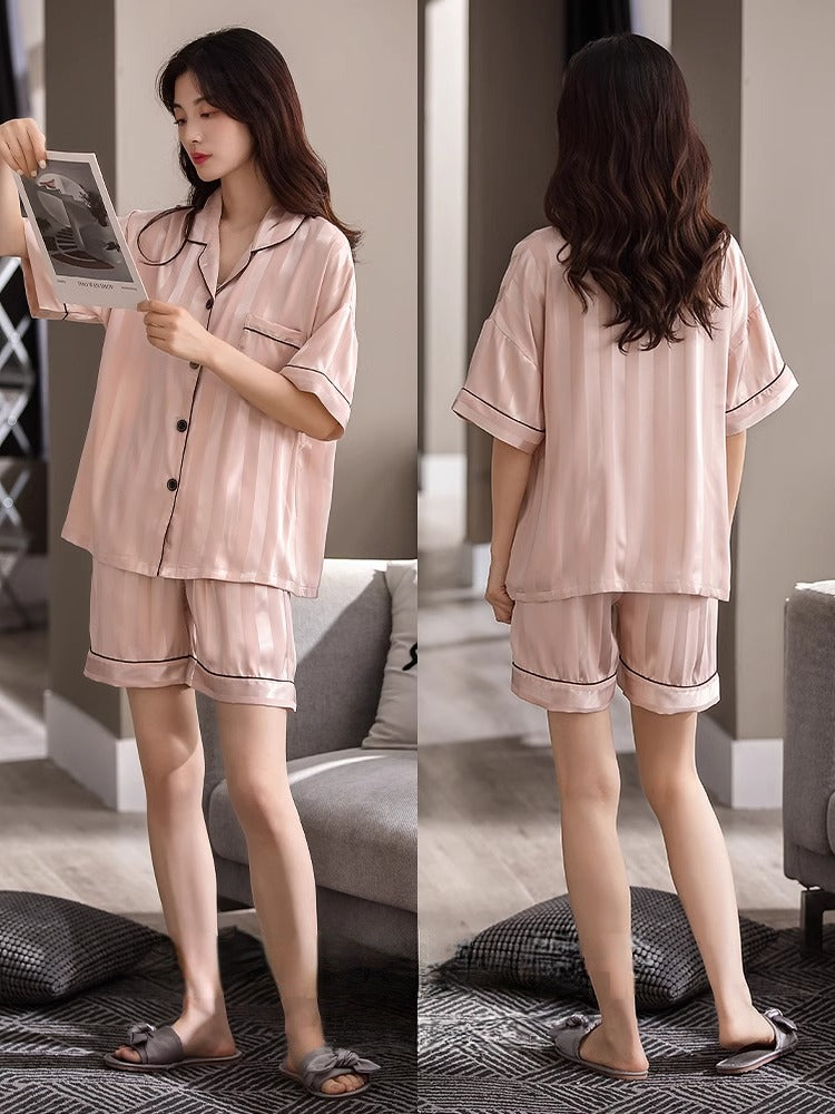 Ice Silk Thin Short-sleeve Cardigan Pajama Set