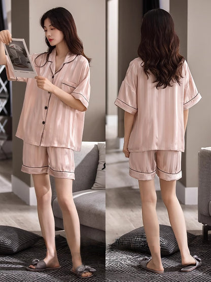 Ice Silk Thin Short-sleeve Cardigan Pajama Set