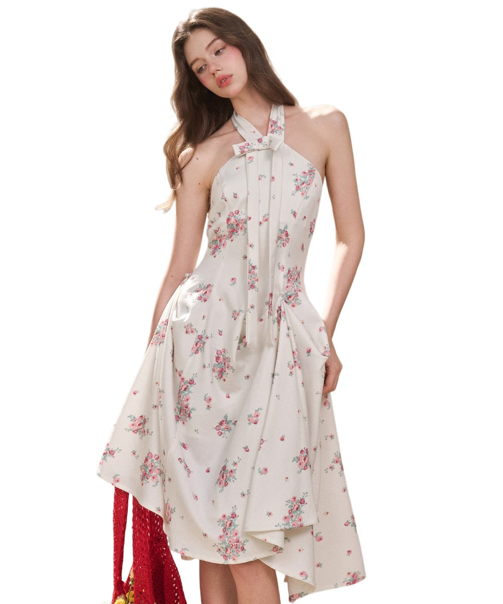 Rose Pleats Halter Midi Dress