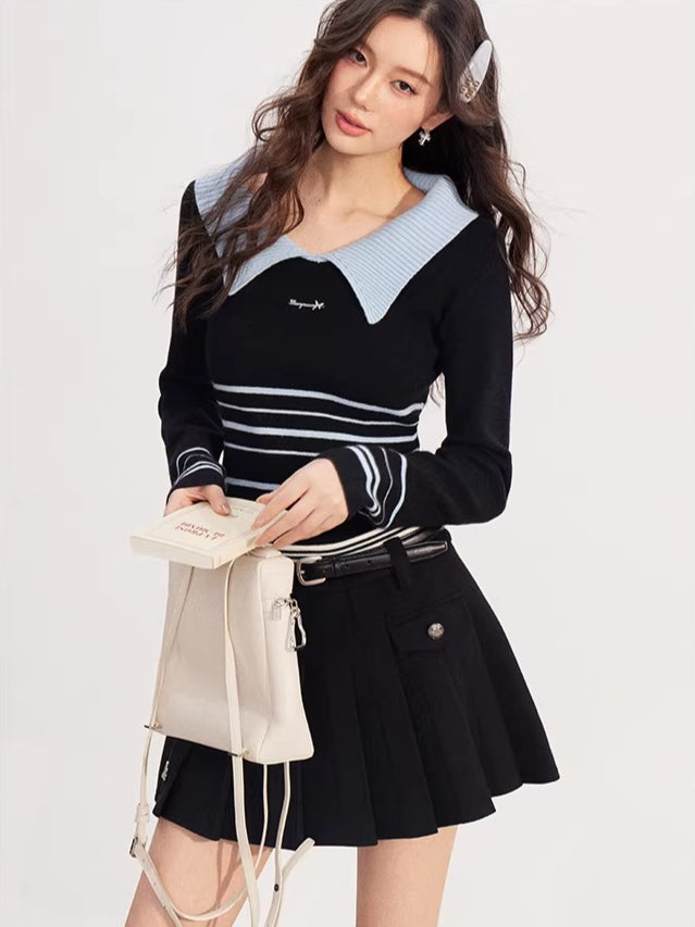 Contrast Collar Striped Knit Polo Top