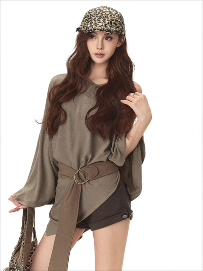 Cape-Style Off-Shoulder Long T-Shirt