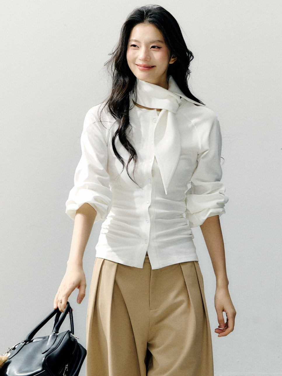 Scarf Collar Fitted Knit Long Sleeve Shirt