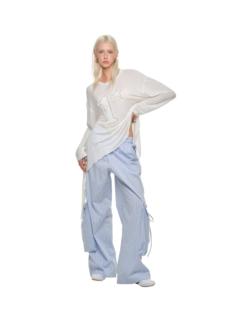 Blue &amp; White Wide-Leg Utility Pants