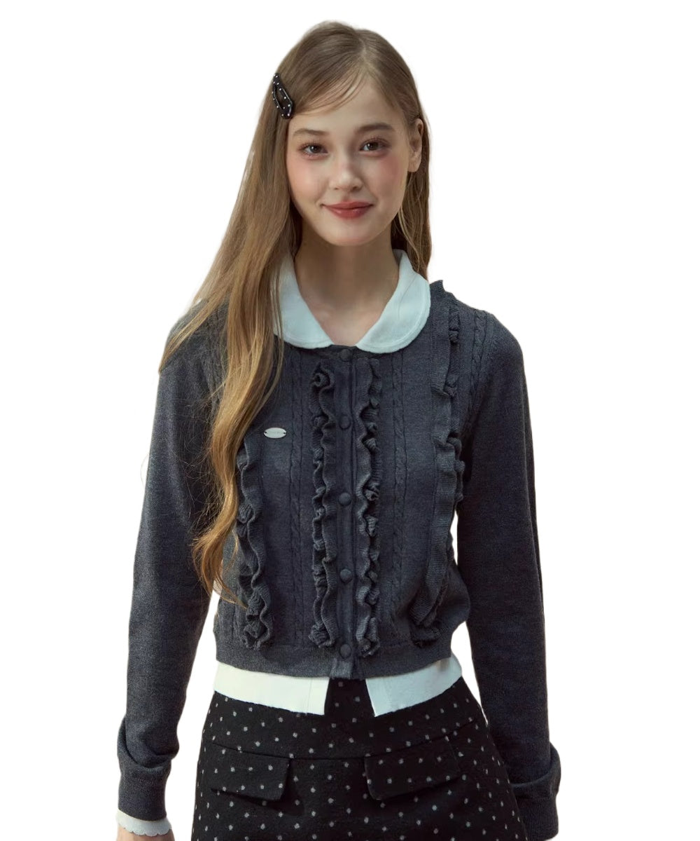 Grey Ruffle Collar Knit Cardigan