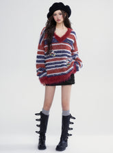 Pink & Red Striped V-neck Sweater - CHINASQUAD