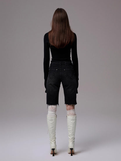 Washed Raw-edge Embroidered Denim Shorts