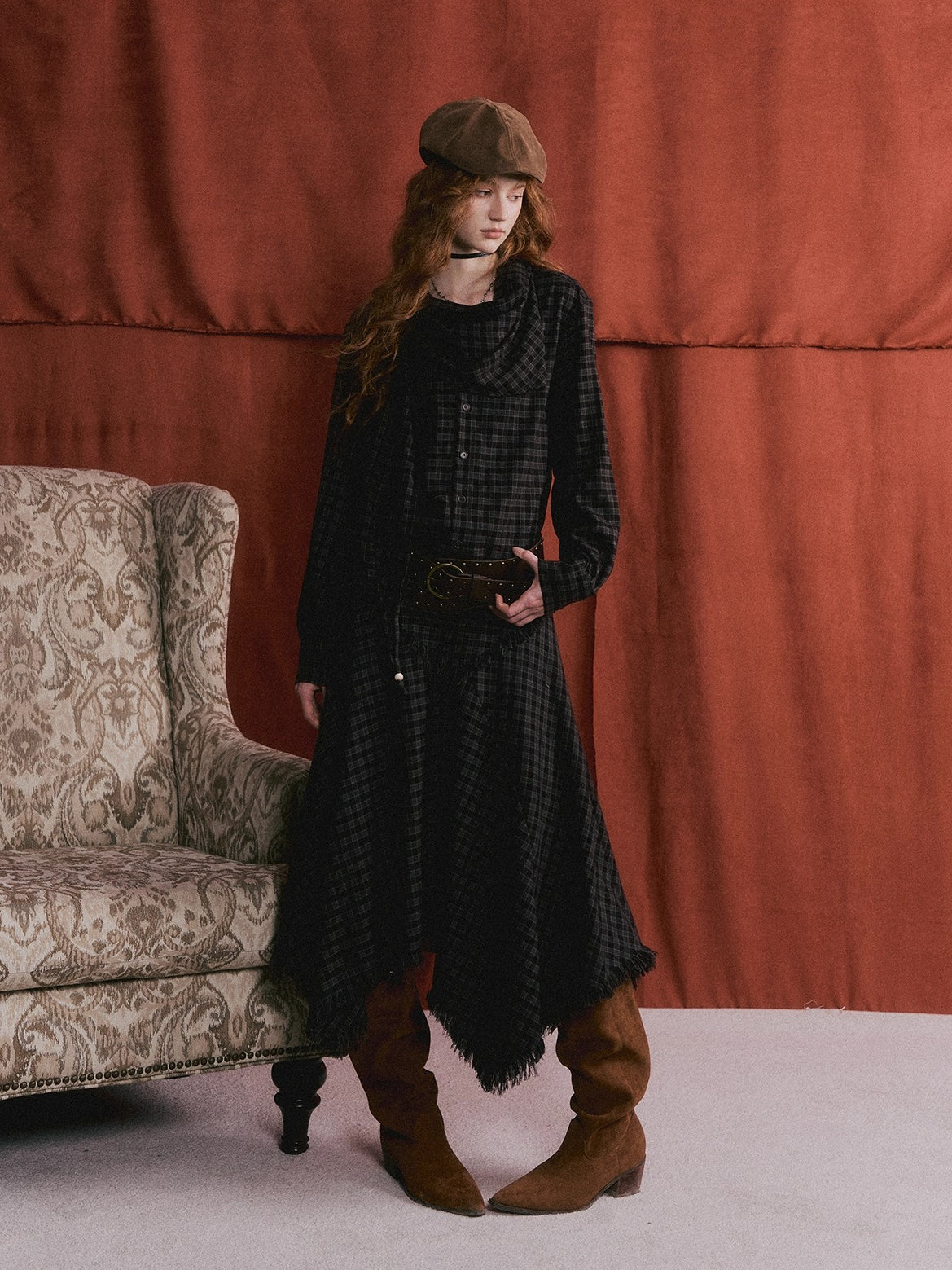 Vintage Plaid Beaded Tie-Scarf Shirt