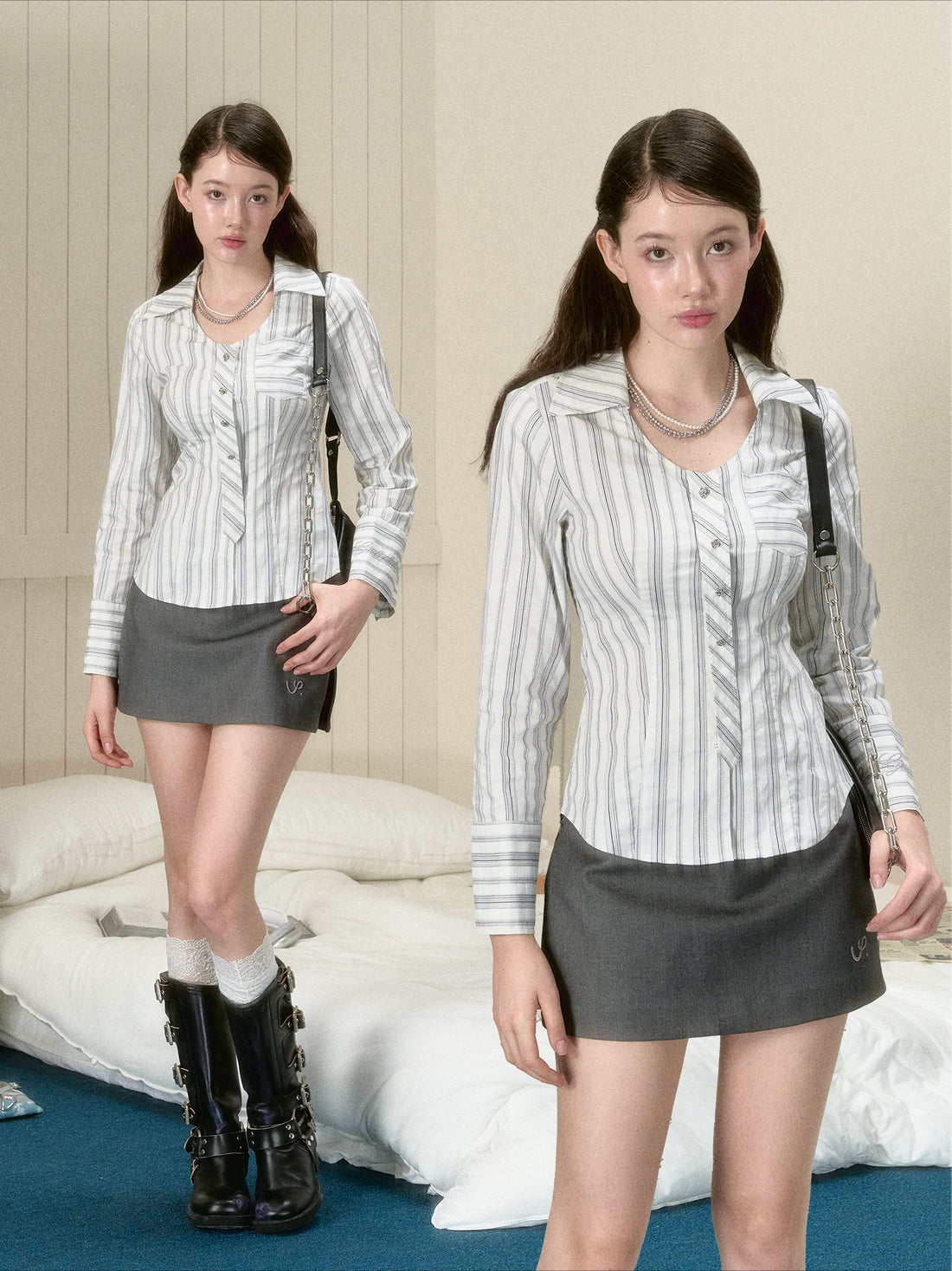 White Checkered Patchwork U-neck Shirt