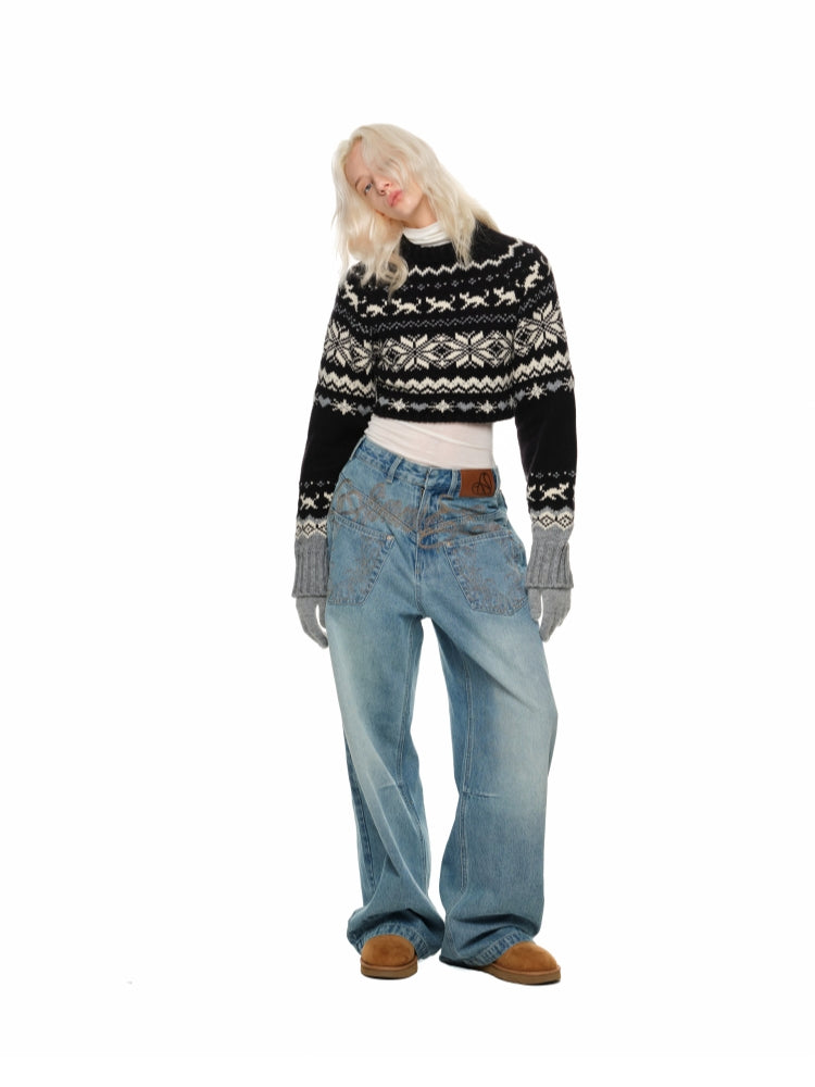 Washed Denim Wide-Leg Pants