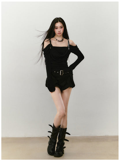 Draped Neck Leather Strap Acetate One-shoulder T-shirt - CHINASQUAD