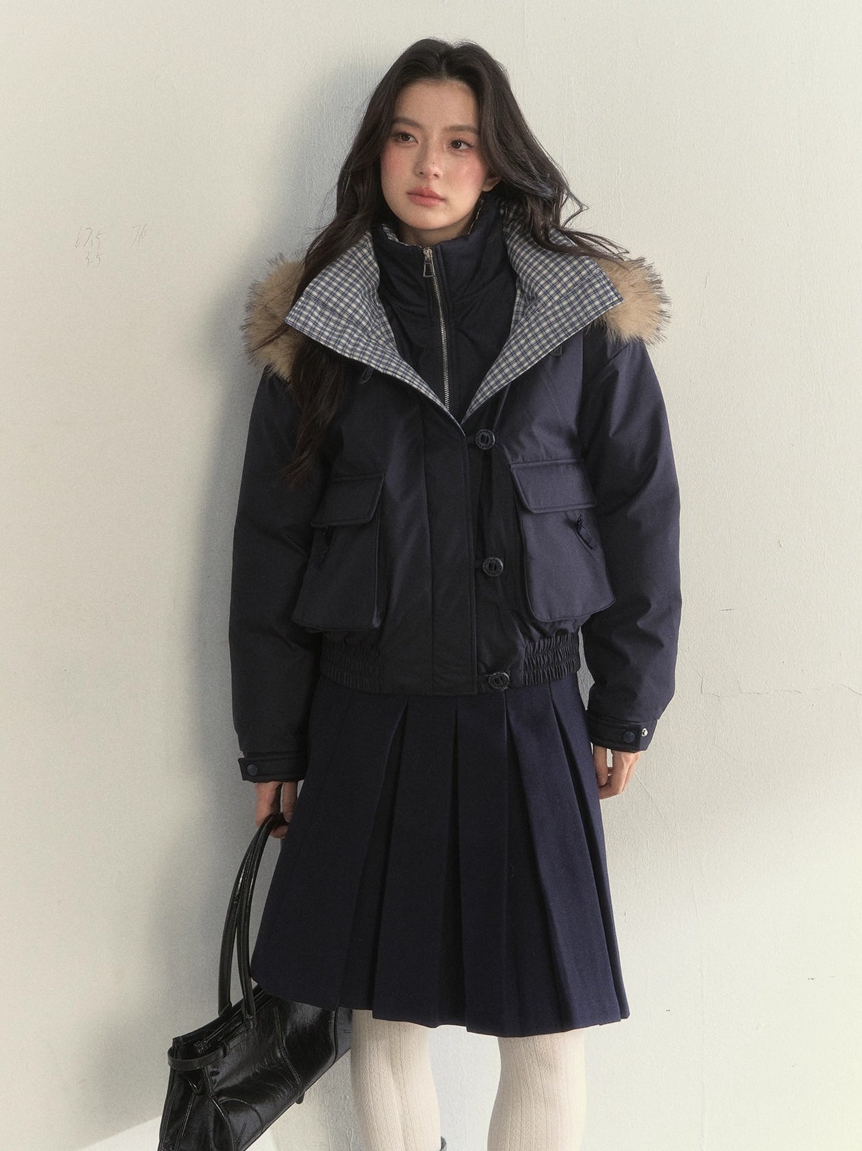 Glacier Blue &amp; Navy Plaid Panel Down Jacket