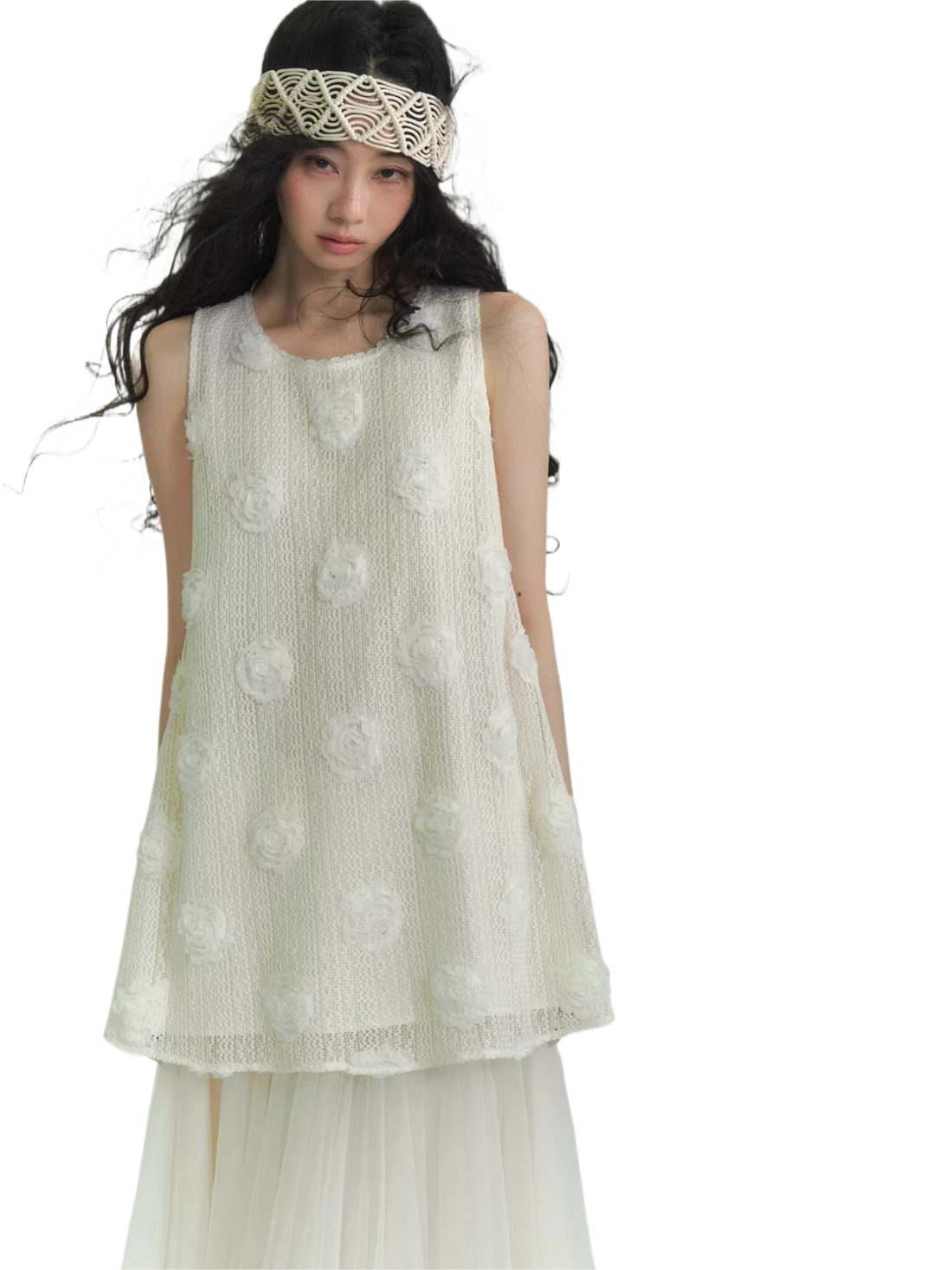 Textured Floral Appliqué Tie-Back Sleeveless Dress