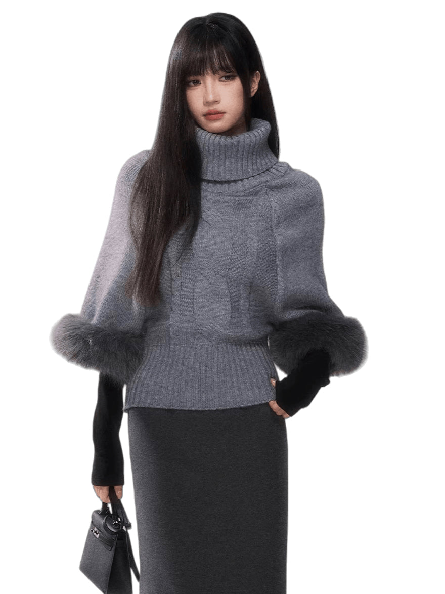 Cable-Knit Turtleneck Cape Sweater