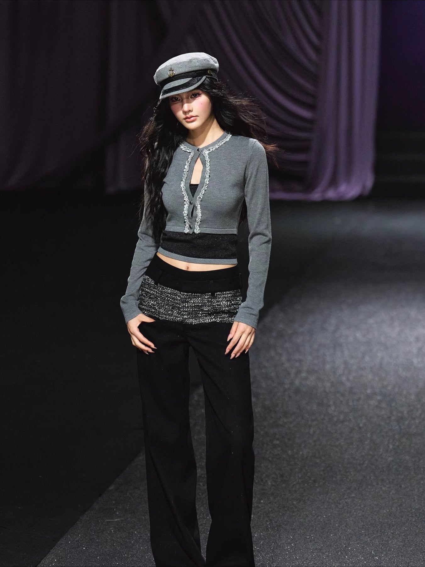 Contrast Waistband Tweed-Panel Straight Pants