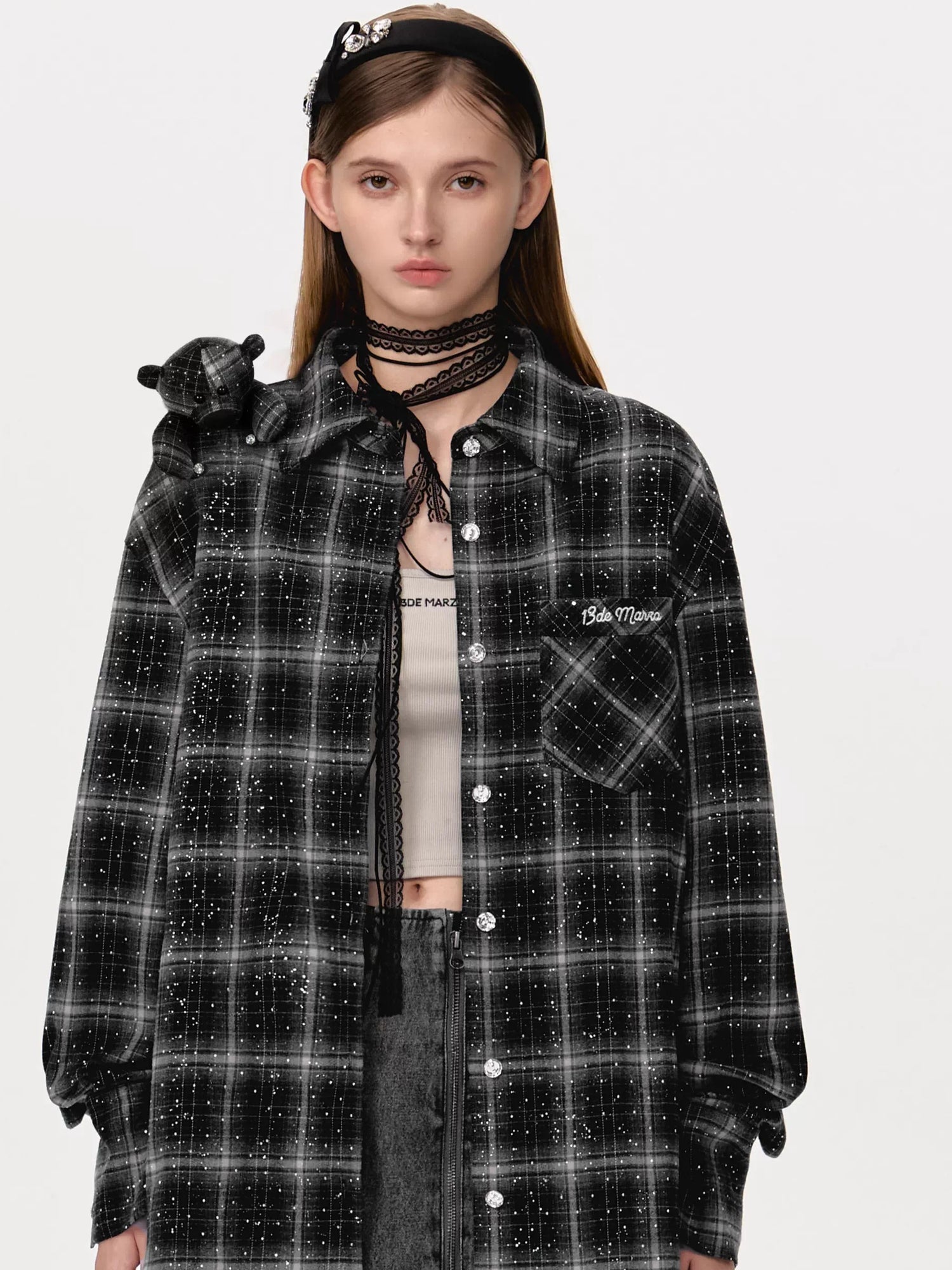 Vintage Plaid Crystal Bear Mid-Length Shirt