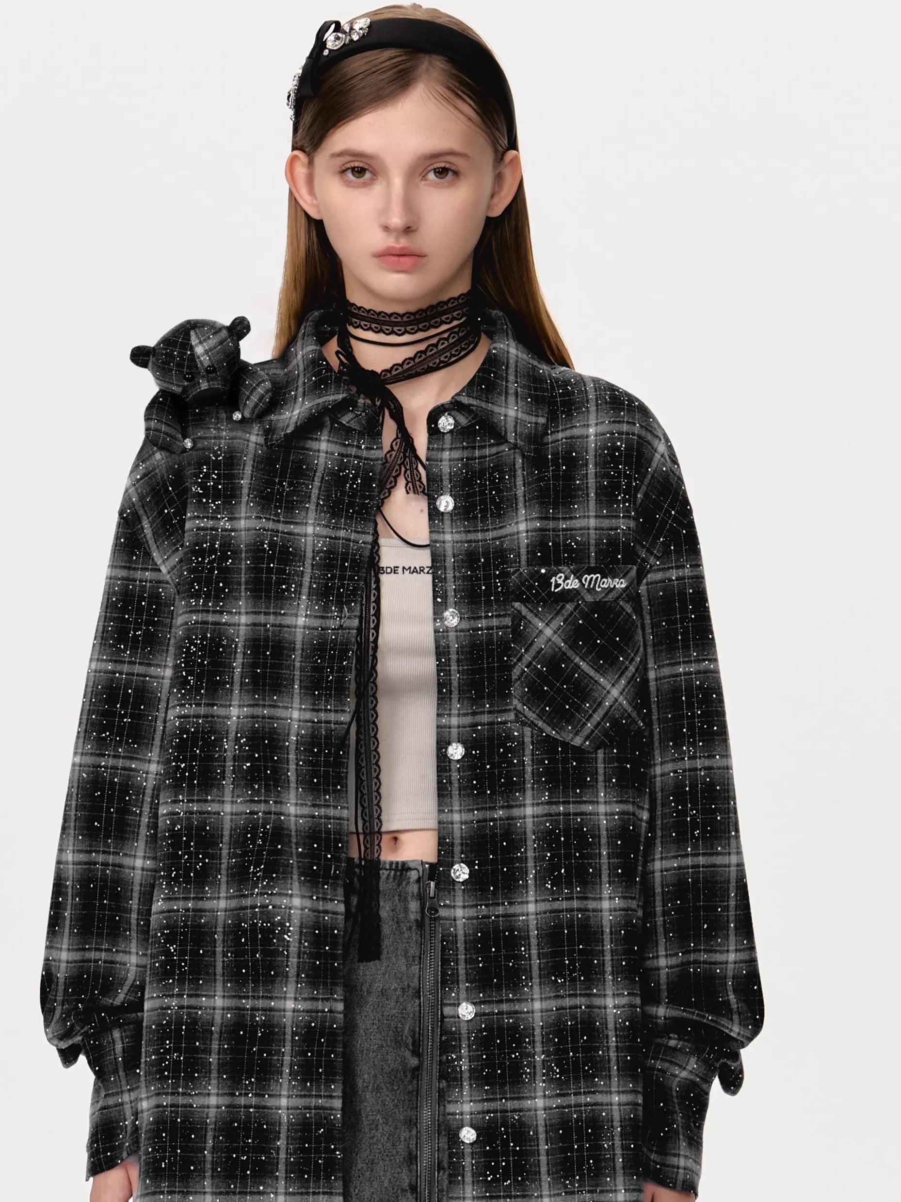 Vintage Plaid Crystal Bear Mid-Length Shirt