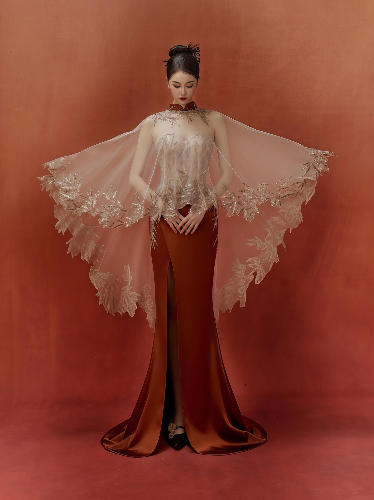 Champagne Embroidered Strapless Mermaid Gown with Detachable Cape