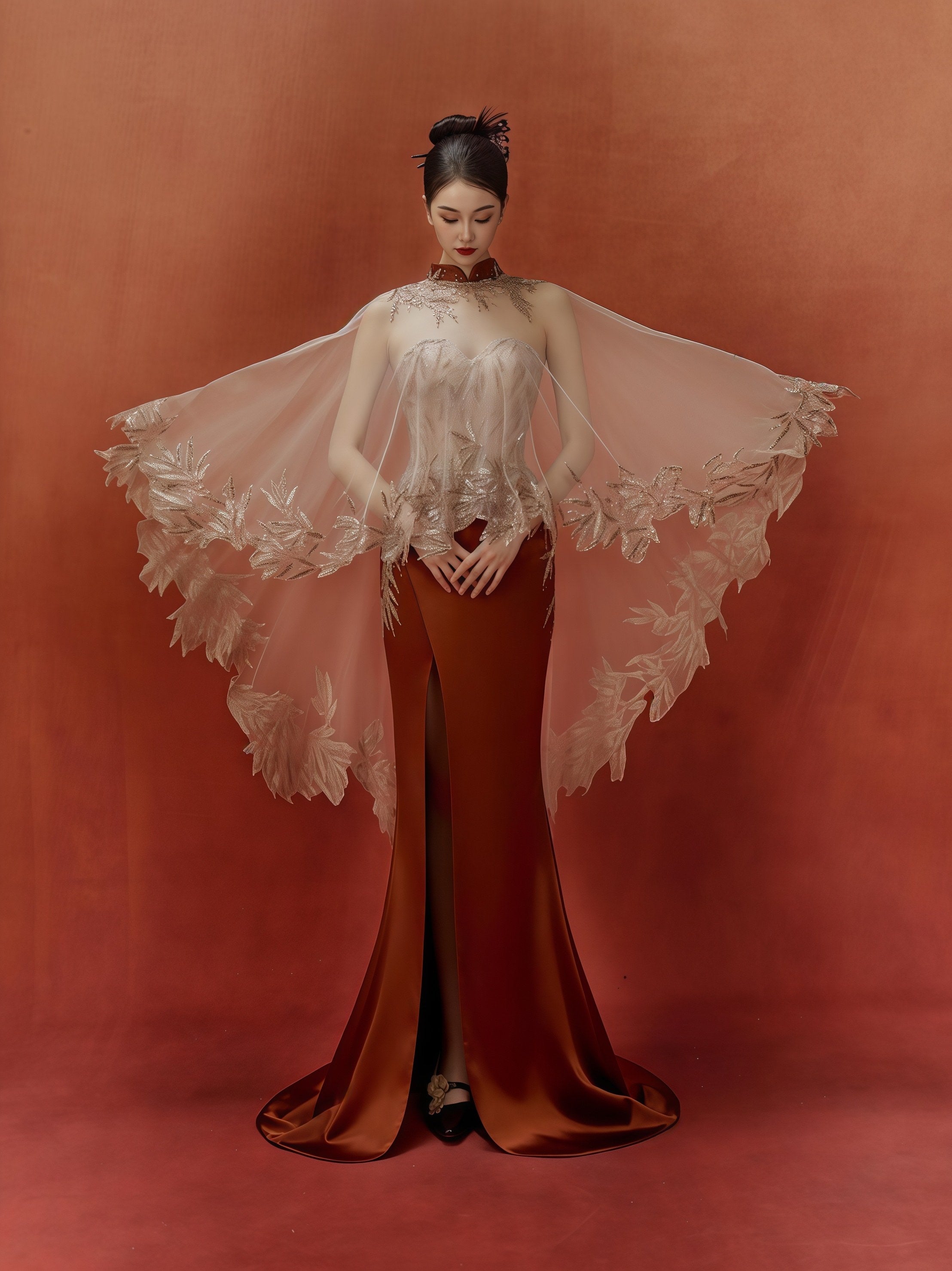 Champagne Embroidered Strapless Mermaid Gown with Detachable Cape
