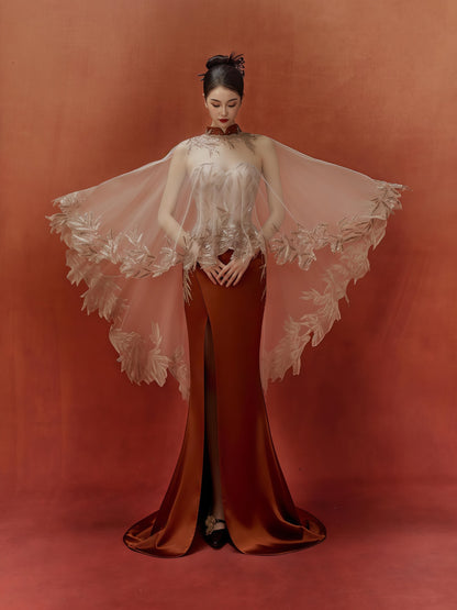 Champagne Embroidered Strapless Mermaid Gown with Detachable Cape