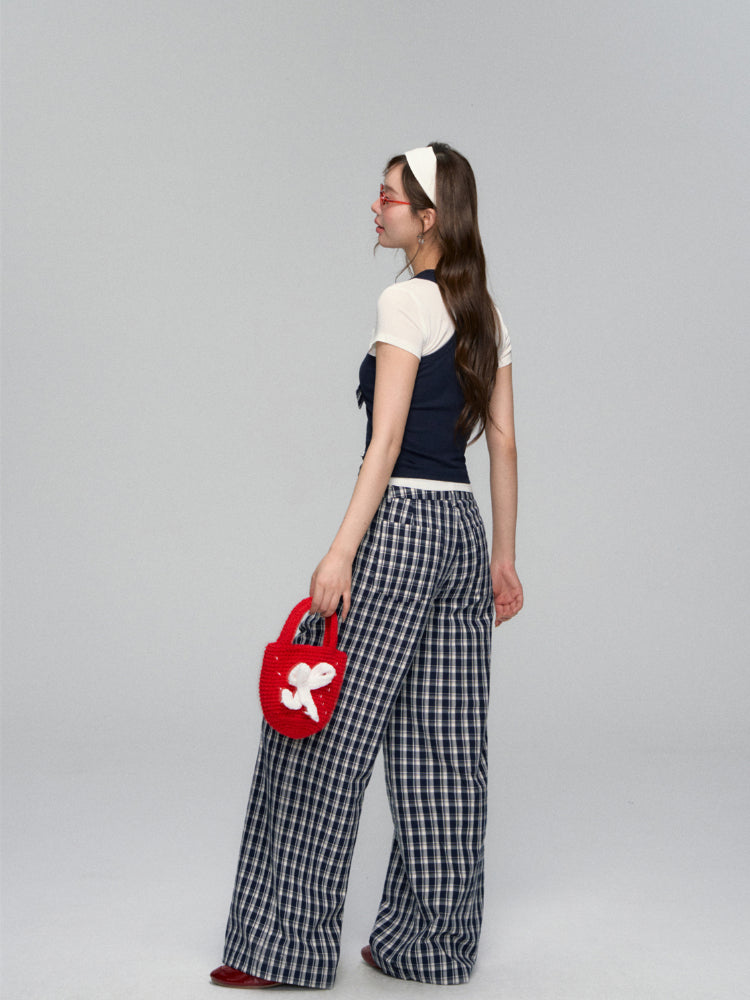 Checkered Bow Contrast Color Short - Sleeve Set