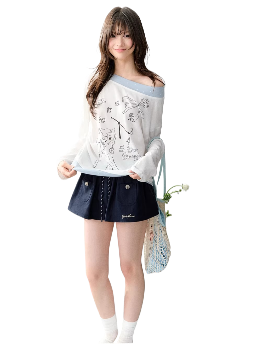 Clock Print Polka Dot Relaxed Long Sleeve blouse