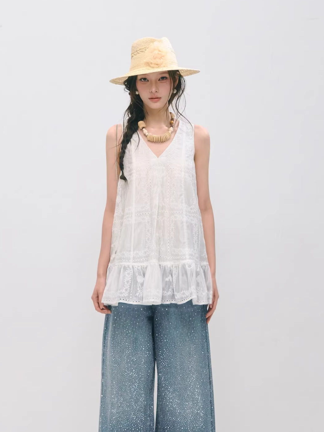 Embroidered Ruffle Trim Sleeveless Dress