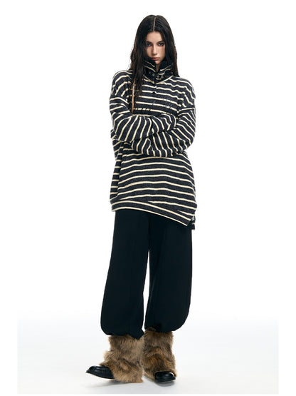 Striped Stand-Collar Fleece-Lined Loose Sweatshirt