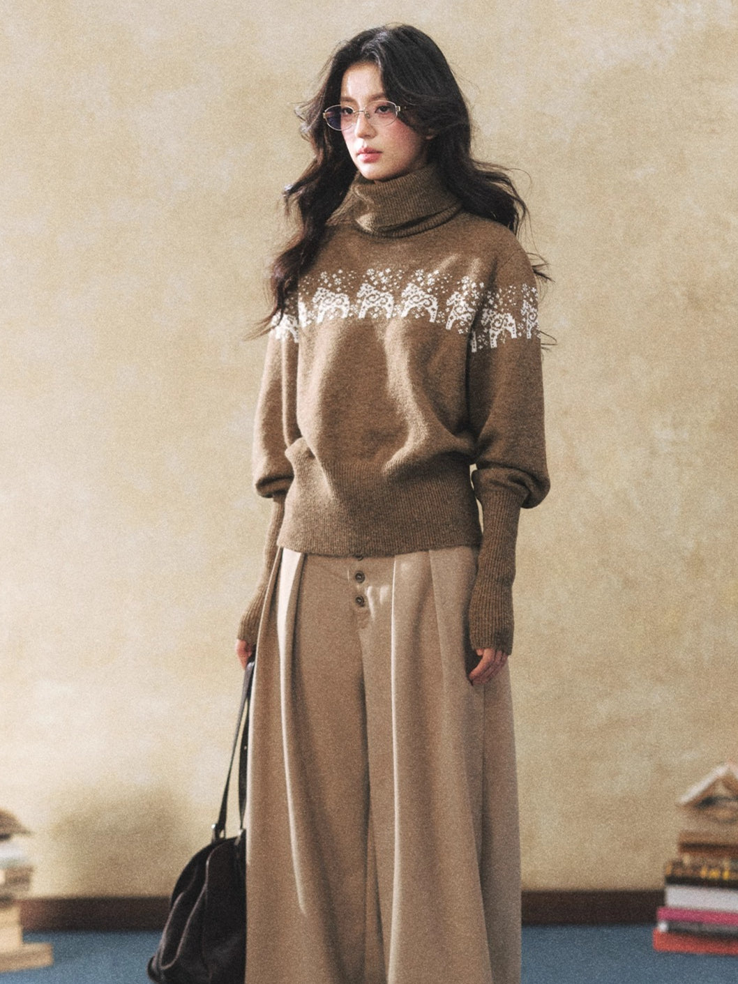 Dual-Tone Knit Turtleneck Sweater