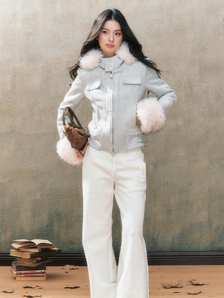 Two-Tone Hooded Fur Collar Shearling Coat