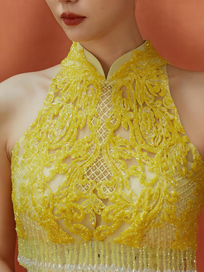 Golden Embroidered Halter Neck Gown with Detachable Train