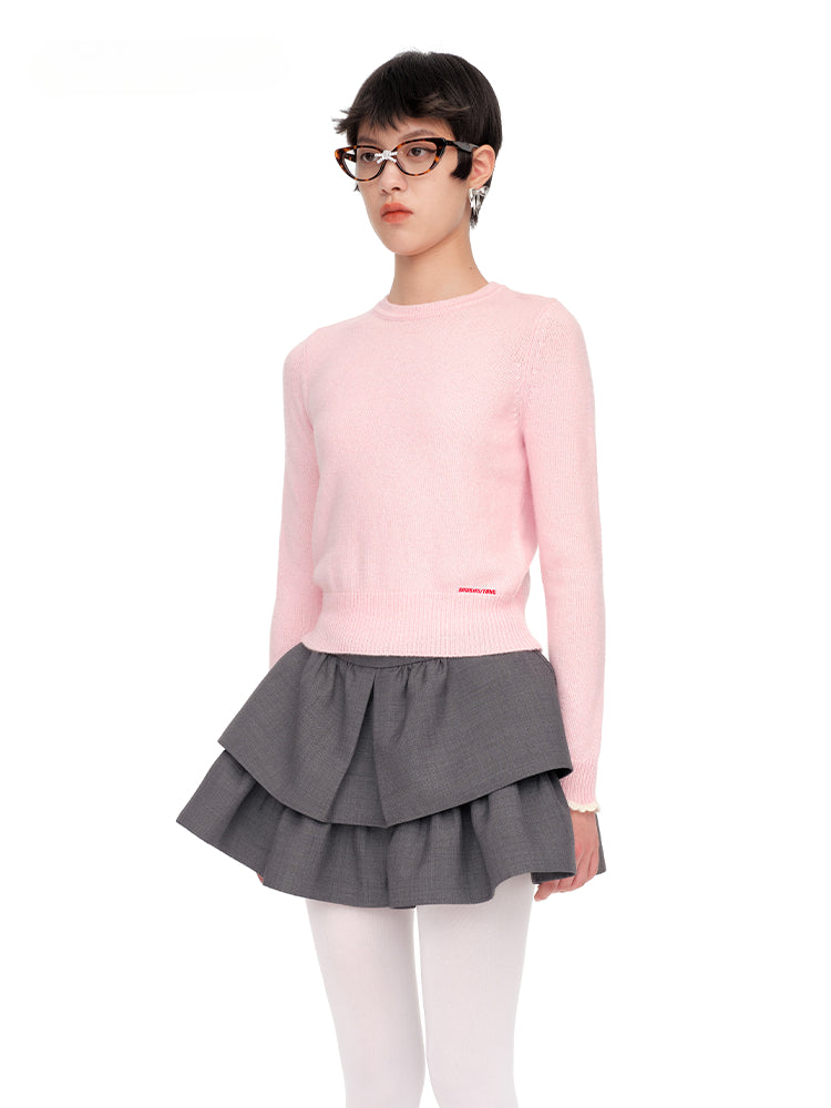 Blue &amp; Pink Ruffled Cuff Knit Crewnecks