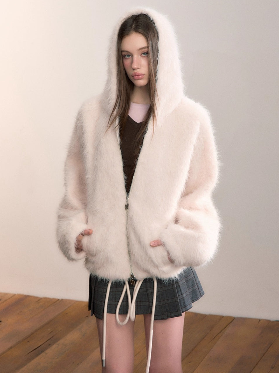 Fuzzy Hooded Plush Sweatshirt Jacket