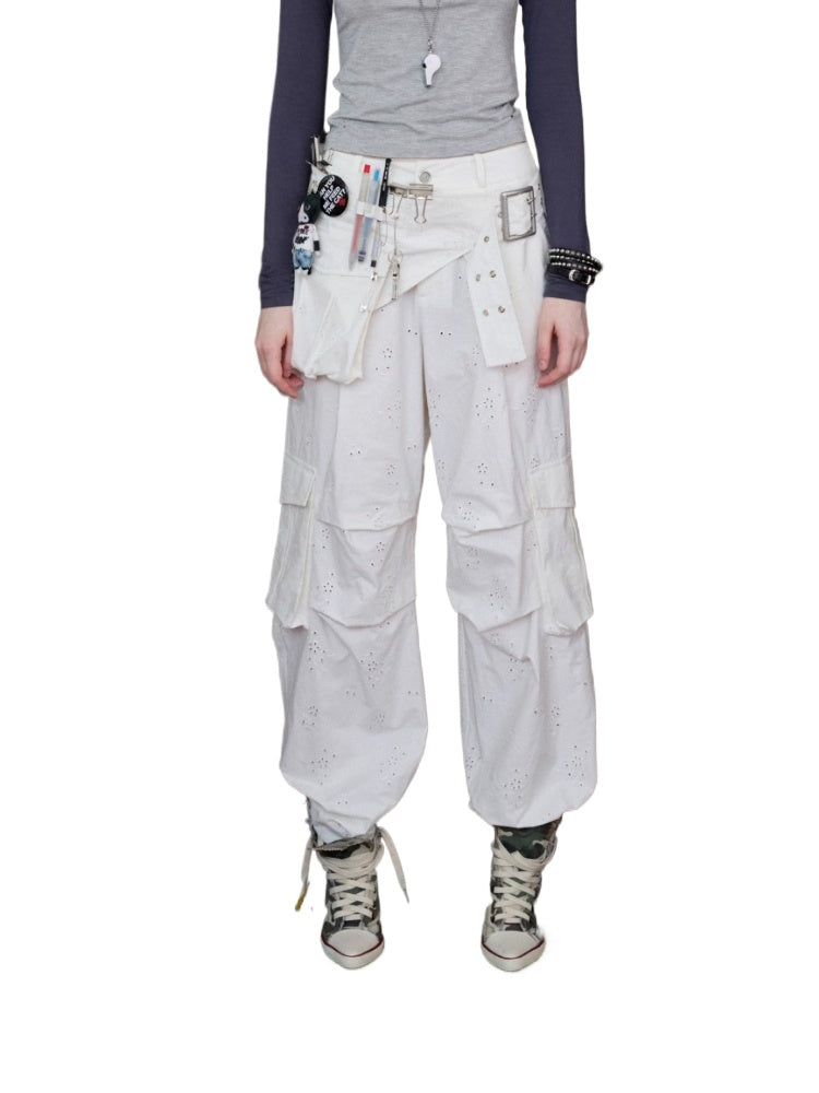 Embroidered Jacquard Multi-Pocket Cargo Pants