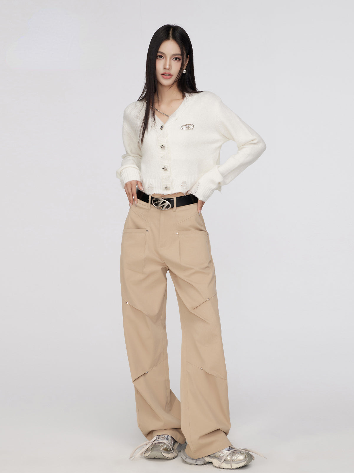 Black &amp; Khaki Star Pleated Utility Wide-Leg Pants - CHINASQUAD