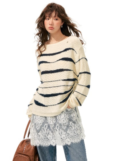 Color-Block Irregular Striped Soft Crewneck - CHINASQUAD