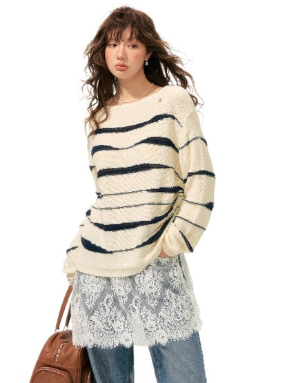 Color-Block Irregular Striped Soft Crewneck - CHINASQUAD