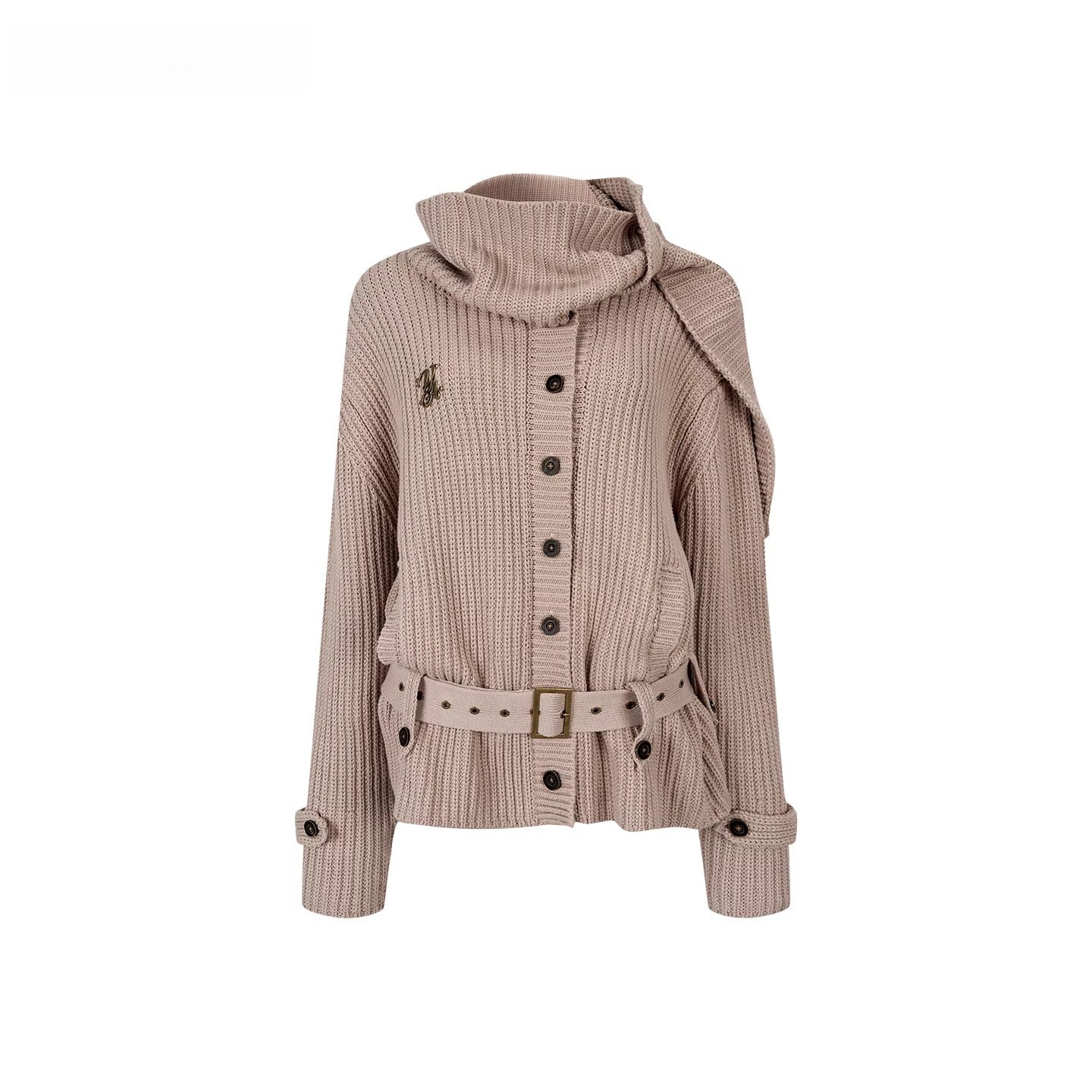 Oversized Turtleneck Cardigan with Attached Scarf