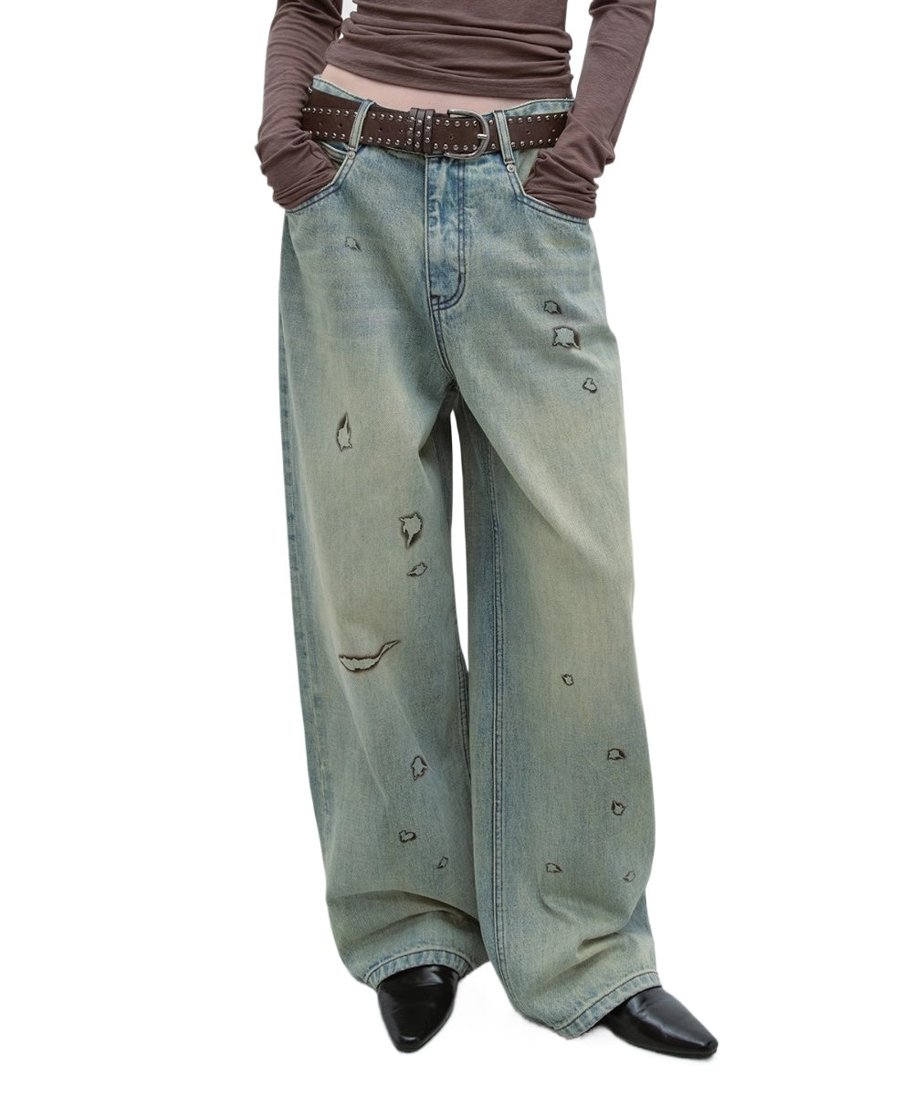 Vintage Burnt-Edge Printed Washed Denim Pants - CHINASQUAD