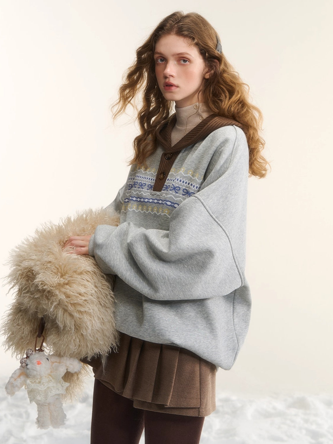 Contrast Patchwork Hooded Fleece Sweatshirt